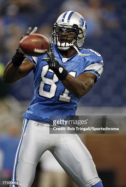 Calvin Johnson of the Detroit Lions looks on during pre-game before a game against the Minnesota Vikings at Ford Field on September 16, 2007 in...