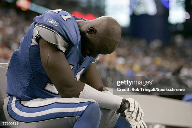 Roy Williams of the Detroit Lions sits on the bench against the Minnesota Vikings at Ford Field on September 16, 2007 in Detroit, Michigan. The Lions...