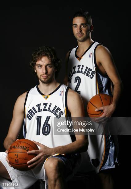 Pau Gasol and Juan Carlos Navarro of the Memphis Grizzlies pose during NBA Media Day at FedExForum September 28, 2007 in Memphis, Tennessee. NOTE TO...