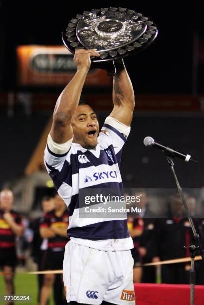 Sam Tuitupou of Auckland celebrates with the Ranfurly Shield after the presentation during the Air New Zealand Cup match between Canterbury and...