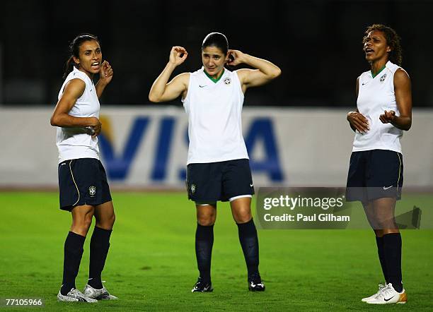 Marta Vieira Da Silva and Ania Perreira Ribeiro of Brazil look on during a Brazil training session during the FIFA 2007 World Cup in China at...