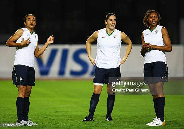 Marta Vieira Da Silva and Ania Perreira Ribeiro of Brazil look on during a Brazil training session during the FIFA 2007 World Cup in China at...