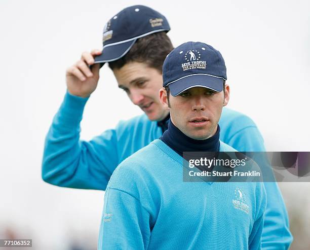 Justin Rose and Paul Casey of The Great Britain and Ireland Team during the third day morning greensomes at the Seve Trophy 2007 held at The Heritage...