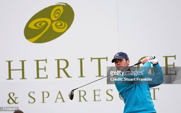 Paul Casey of The Great Britain and Ireland Team plays his tee shot on the 16th hole during the third day morning greensomes at the Seve Trophy 2007...