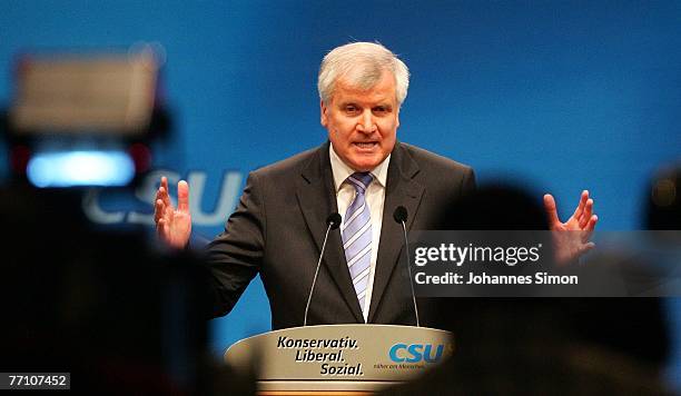 Agriculture and Consumer Protection Minister Horst Seehofer delivers a speech during the second day of the 72nd Christian Social Union Party...