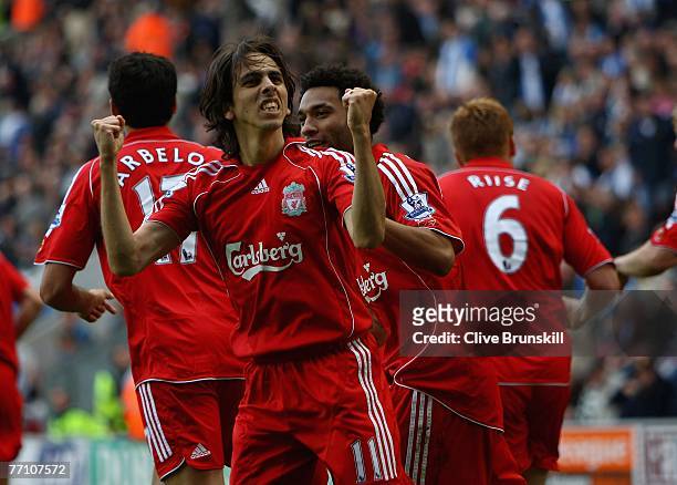 Yossi Benayoun of Liverpool celebrates scoring the winning goal during the Barclays Premier League match between Wigan and Liverpool at the JJB...