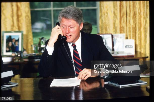 Bill Clinton talks on the phone June 14, 1993 at the White House. Clinton is the youngest man elected President since John F. Kennedy.