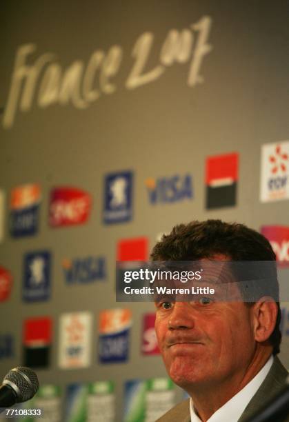 Dejected Wales coach Gareth Jenkins speaks to the media following his team's 38-34 defeat during the Rugby World Cup 2007 Pool B match between Wales...