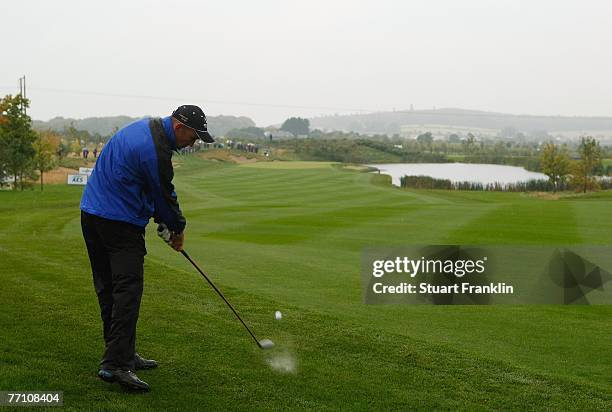 Markus Brier of The European Team plays an approach shot on the 12th hole during the third day afternoon foursomes at the Seve Trophy 2007 held at...