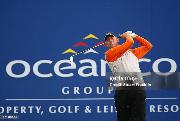Soren Hansen of The European Team plays his tee shot on the 15th hole during the third day afternoon foursomes at the Seve Trophy 2007 held at The...