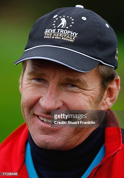 Nick Faldo, Captain of The Great Britain and Ireland Team, smiles during the third day morning greensomes at the Seve Trophy 2007 held at The...