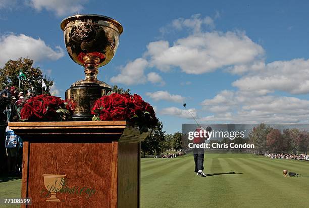 Tiger Woods of the U.S. Team tees off on the first hole during the Saturday afternoon four-ball round of competition for The Presidents Cup on...
