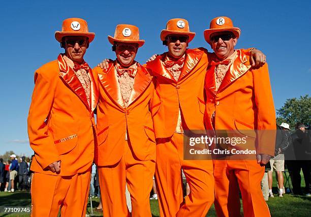 Group of Mike Weir fans get dressed up for the Saturday afternoon four-ball round of competition for The Presidents Cup on September 29 at The Royal...