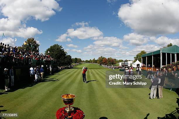 Tiger Woods of the U.S. Team tees off from the first tee during the fourth round of competition for The Presidents Cup on September 29 at The Royal...