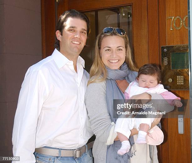 Donald Trump Jr. And wife Vanessa Trump pose with their daughter Kai Madison Trump on Madison Ave on September 29, 2007 in New York City.