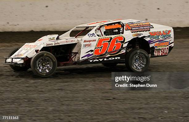 Troy Taylor races on his way to winning the IMCA Modified Championship during the Lone Star Nationals Dirt Track races at Texas Motor Speedway...