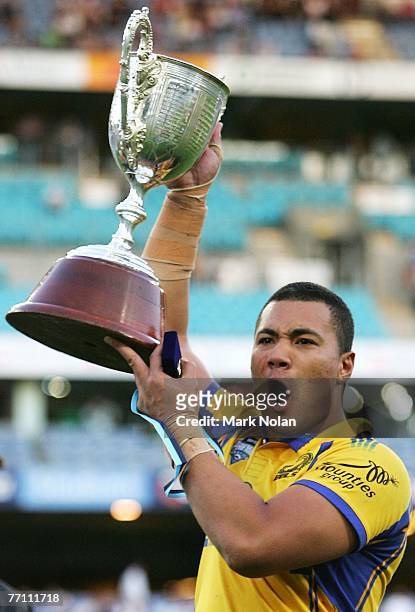 Junior Paulo of the Eels holds aloft the winners trophy after the 2007 Premier League Grand Final between the Parramatta Eels and the North Sydney...