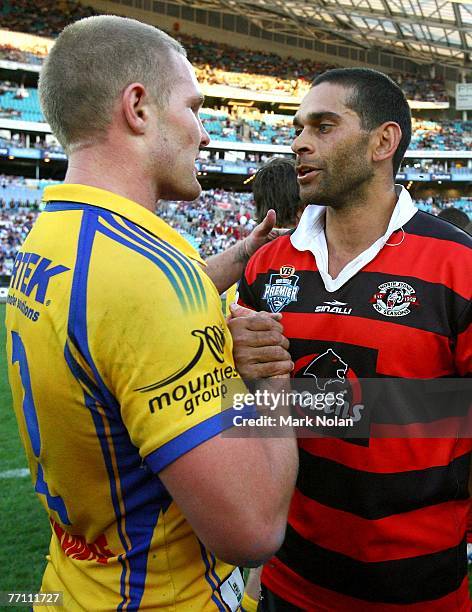 David Peachey of the Bears congratulates Todd Lowrie of the Eels after the 2007 Premier League Grand Final between the Parramatta Eels and the North...