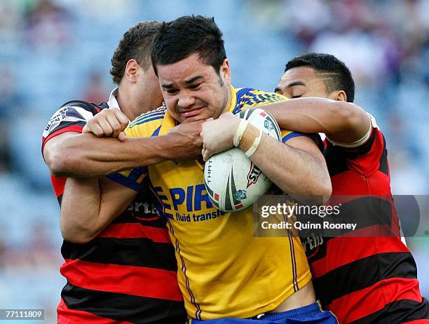 Greg Nichols of the Eels is tackled by the Bears defence during the 2007 Premier League Grand Final between the Parramatta Eels and the North Sydney...