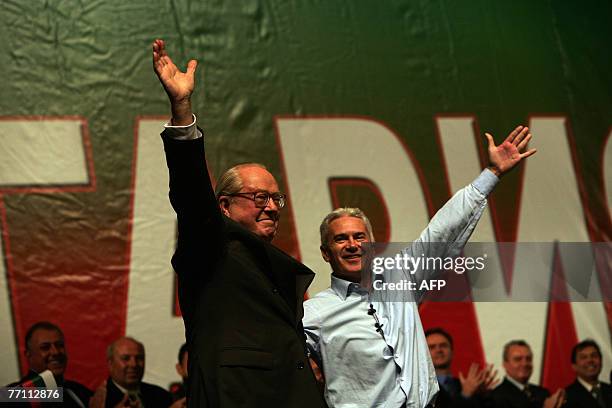 The leader of the Bulgarian ultra-nationalist party Ataka Volen Siderov and his French counterpart of the National Front, Jean-Marie Le Pen greets...
