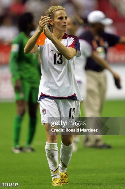 Forward Kristine Lilly celebrates after her team's 4-1 win of the FIFA Women's World Cup 2007 third place playoff match against Norway at Hongkou...