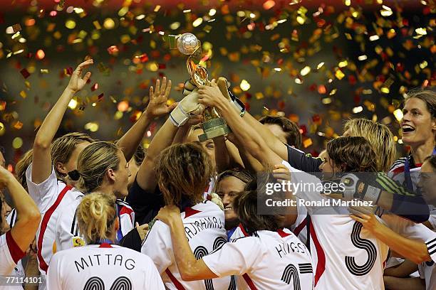 The German team raises the FIFA Women's World Cup 2007 trophy after defeating Brazil 2-0 at Shanghai Hongkou Football Stadium on September 30, 2007...