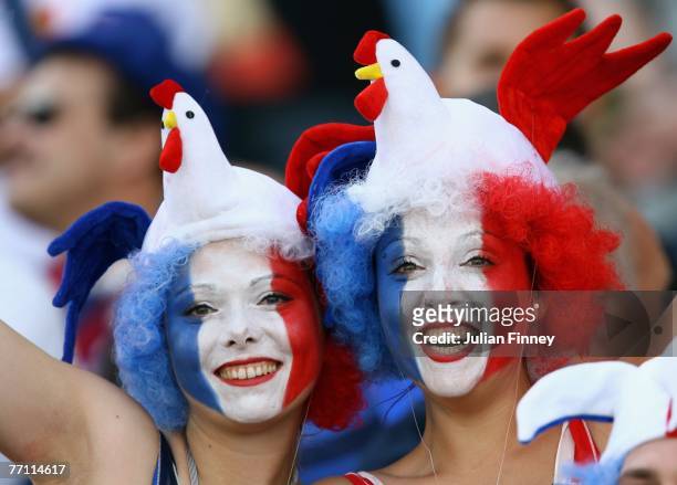 Pair of France fans show their support prior to Match Thirty Eight of the Rugby World Cup 2007 between France and Georgia at the Stade Velodrome on...