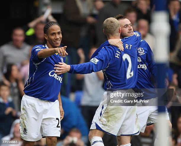 Steven Pienaar of Everton celebrates scoring during the Barclays Premiership match between Everton and Middlesbrough at Goodison Park on September...