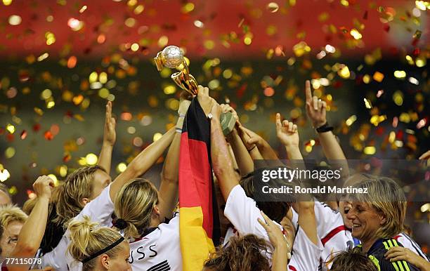 Germany celebrates winning the FIFA Women's World Cup 2007 after defeating Brazil 2-0 at Shanghai Hongkou Football Stadium on September 30, 2007 in...