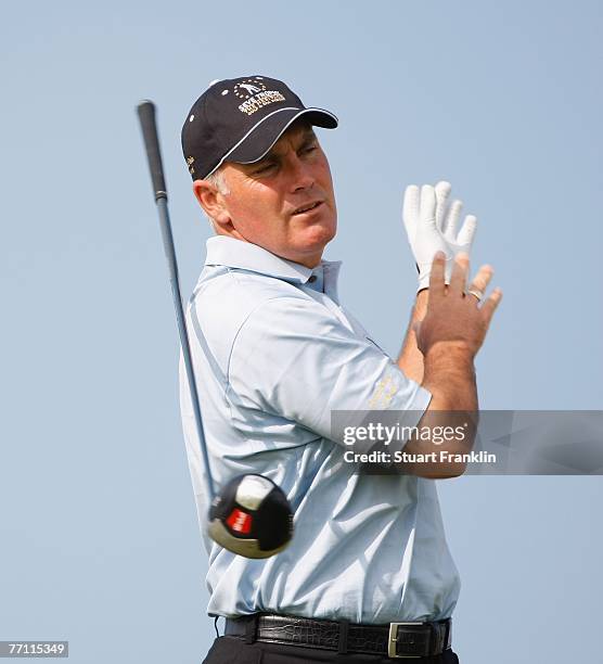 Phillip Archer of The Great Britain and Ireland Team plays his tee shot on the nineth hole during the final day singles at the Seve Trophy 2007 held...