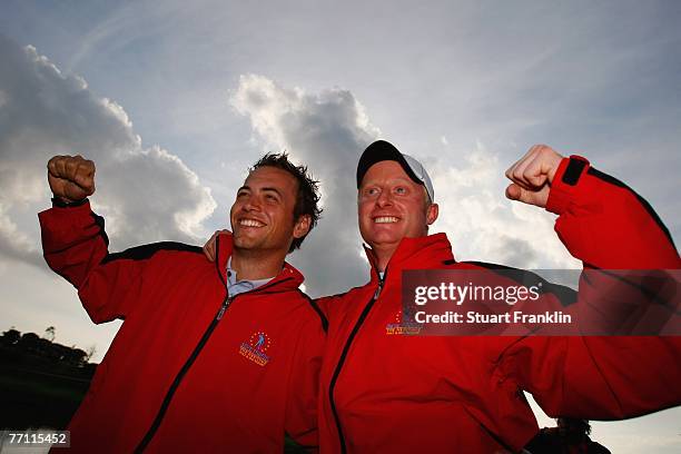 Nick Dougherty and Simon Dyson of The Great Britain and Ireland Team celebrate after the final day singles at the Seve Trophy 2007 held at The...