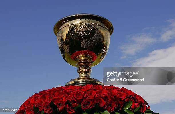 The Presidents Cup trophy is displayed during the final day singles matches of The Presidents Cup on September 30 at The Royal Montreal Golf Club in...