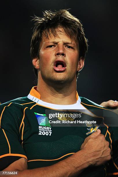 Bobby Skinstad of South Africa sings the national anthem prior to match fourty of the Rugby World Cup 2007 between South Africa and USA at the Stade...