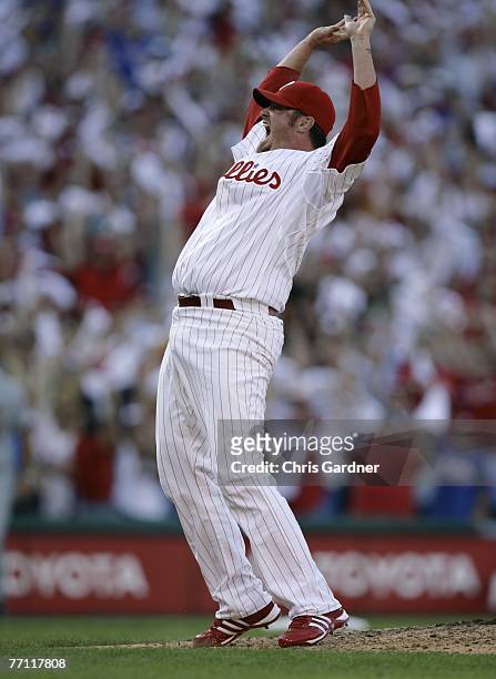Brett Myers of the Philadelphia Phillies celebrates after striking out Willie Mo Pena of the Washington Nationals giving the Phillies the divisional...