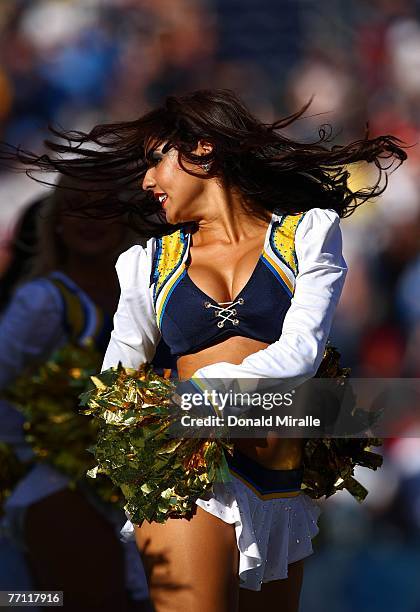 Cheerleader from the San Diego Chargers performs a dance routine during their NFL game on September 30, 2007 at Qualcomm Stadium in San Diego,...