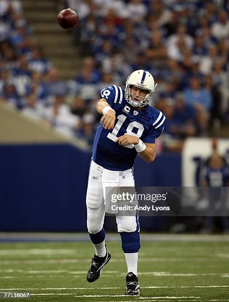 Peyton Manning of the Indianapolis Colts throws a pass against the Denver Broncos during the NFL game on September 30, 2007 at the RCA Dome in...
