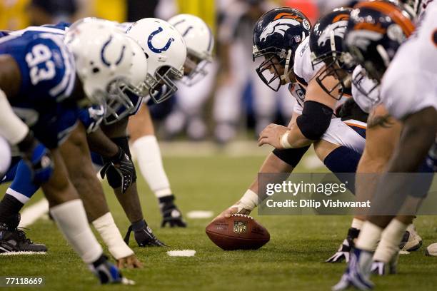 The Denver Broncos line up against the Indianapolis Colts September 30, 2007 at the RCA Dome in Indianapolis, Indiana. The Colts beat the Broncos...