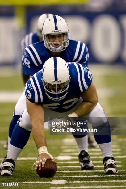 Peyton Manning of the Indianapolis Colts lines up behind his center Jeff Saturday against the Denver Broncos September 30, 2007 at the RCA Dome in...