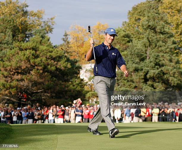 Mike Weir reacts to sinking his final putt on 18 during the final round for The Presidents Cup on September 30, 2007 at The Royal Montreal Golf Club...