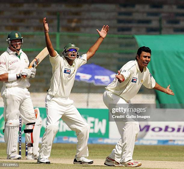 Danish Kaneria of Pakistan appeals for lbw during day one of the first test match between Pakistan and South Africa at the National Stadium on...