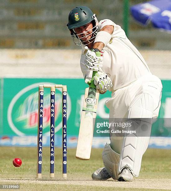 Herschelle Gibbs of South Africa in action during day one of the first test match between Pakistan and South Africa at the National Stadium on...