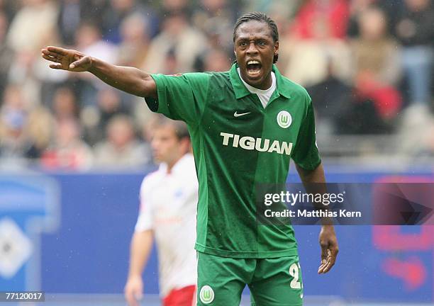 Pablo Thiam of Wolfsburg reacts during the Bundesliga match between Hamburger SV and VFL Wolfsburg at the HSH Nordbank Arena on September 29, 2007 in...