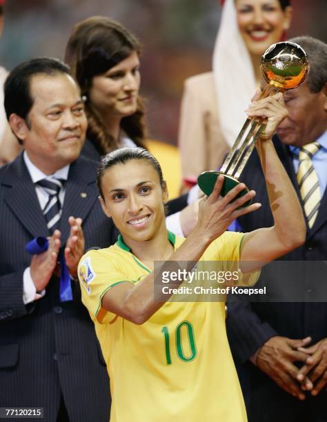 Marta of Brazil won the adidas golden ball during the Women's World Cup 2007 final match between Brazil and Germany at the Shanghai Hongkou Football...