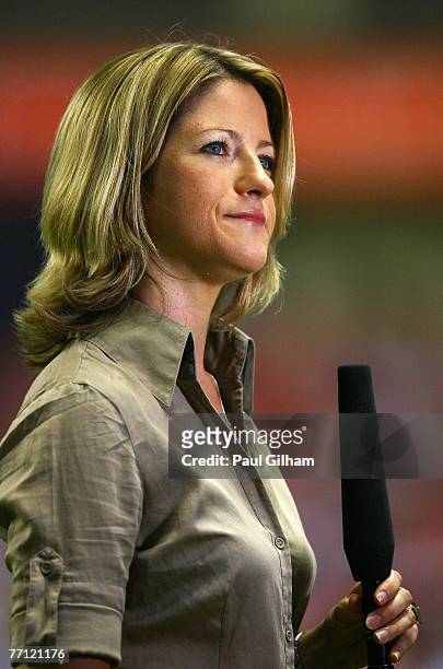 Jacqui Oatley of the BBC looks on prior to the start of the Group A Womens World Cup 2007 match between England and Germany at Shanghai Hongkou...