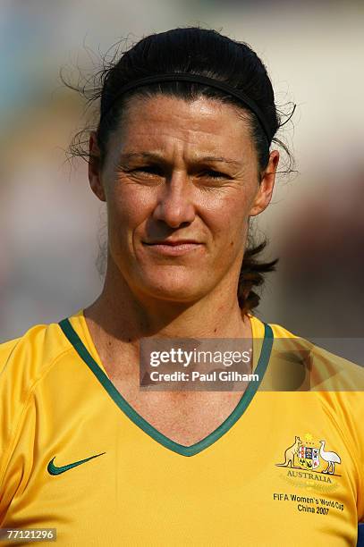 Cheryl Salisbury of Australia looks on during the national anthem prior to the start of the Group C Women's World Cup 2007 match between Australia...