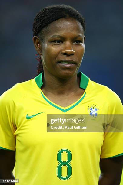 Formiga Maciel Mota of Brazil looks on during the national anthem prior to the start of the Quarter Final of the Women's World Cup 2007 match between...