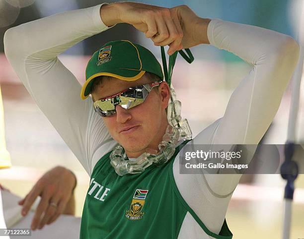 Morne Morkel puts an ice pack around his neck during day one of the first Test match series between Pakistan and South Africa on October 1, 2007 held...