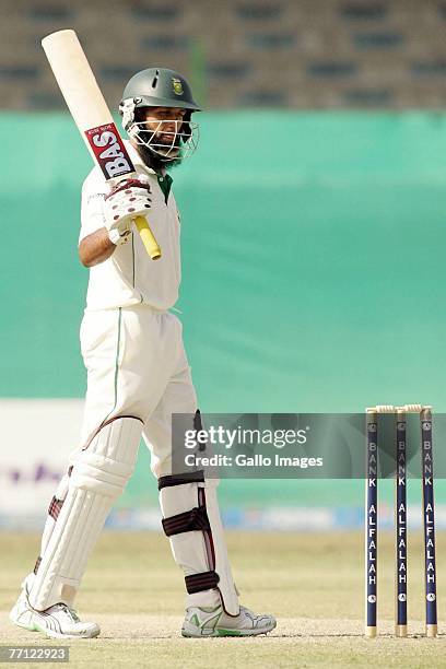 Hashim Amla celebrates his 50 during day one of the first Test match series between Pakistan and South Africa on October 1, 2007 held at the National...