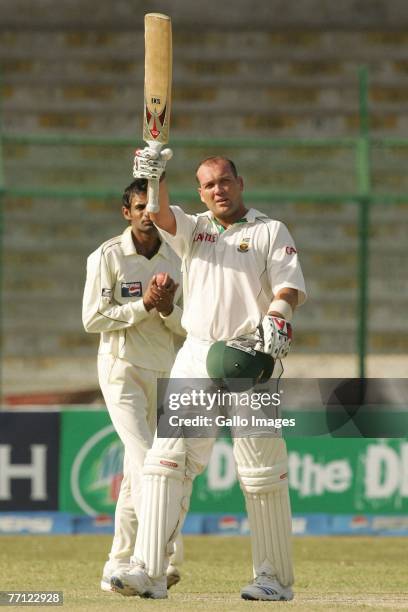 Jacques Kallis celebrates his century during day one of the first Test match series between Pakistan and South Africa on October 1, 2007 held at the...