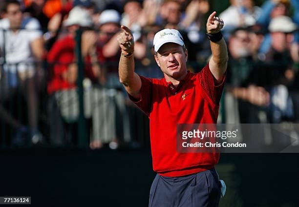 Scott Verplank of the U.S. Team reacts after winning his singles match against Rory Sabbatini of the International team during the fifth round of...